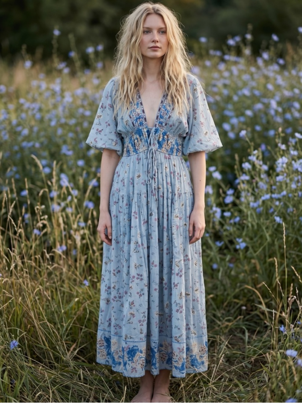 Free People Lysette Maxi Dress in Bluebell Bohemian Gypsy Indian Cotton XS - Picture 3 of 12